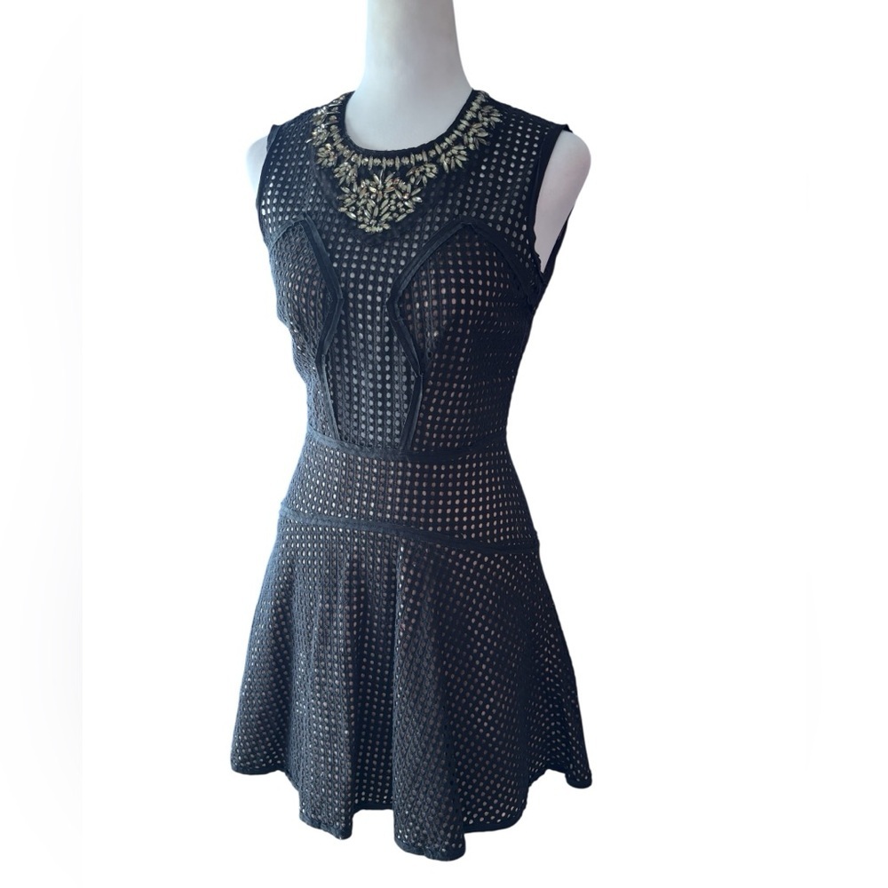 BCBGMAXAZRIA Black Mesh Embellished Skater Dress Gold Jewel Neck